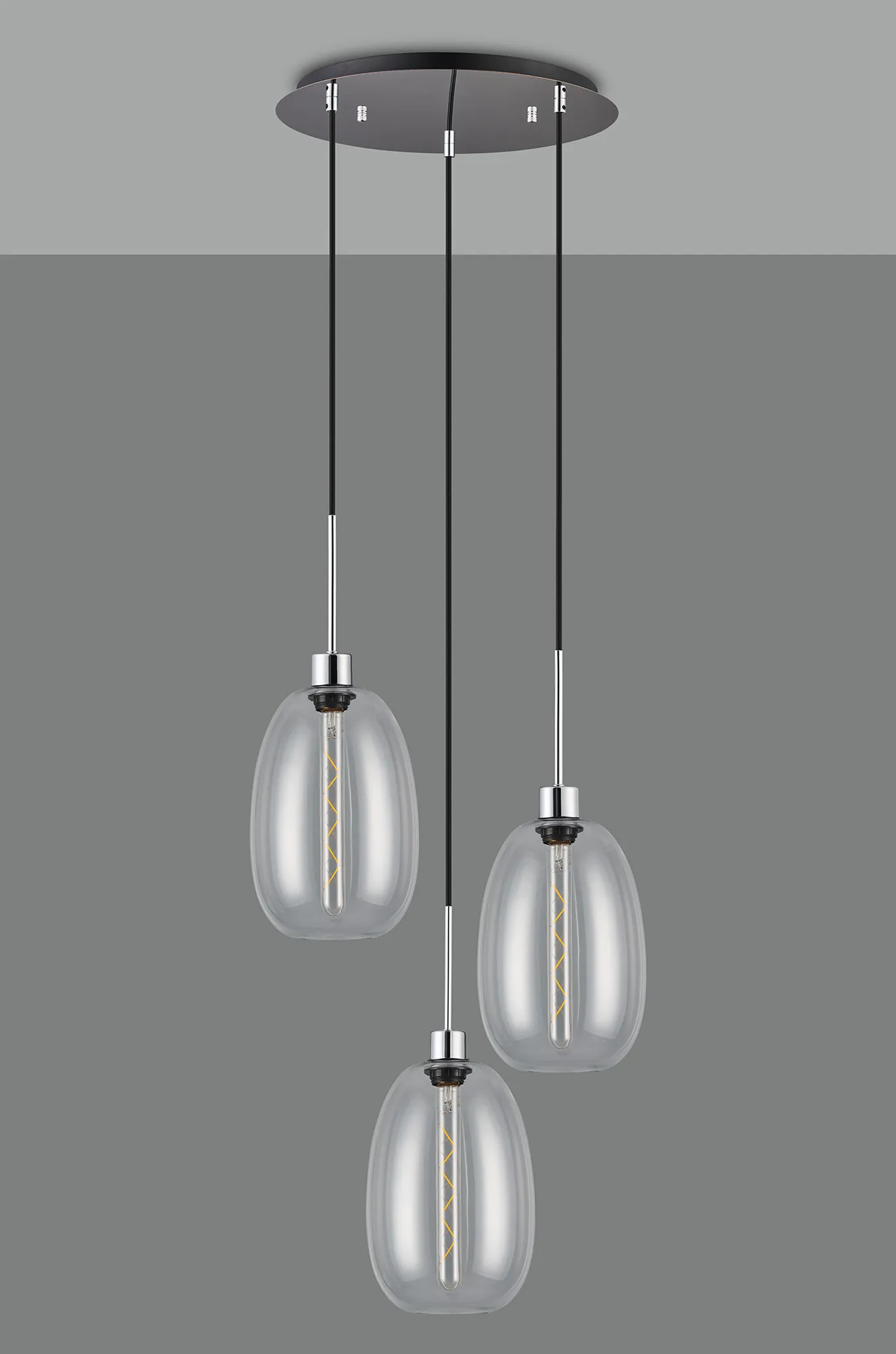 Lori 40cm Round Pendant, 3 Light Adjustable E27, Polished Chrome/Clear Slim Curved Trapezium Shades DK1269  Deco Lori Polished Chrome